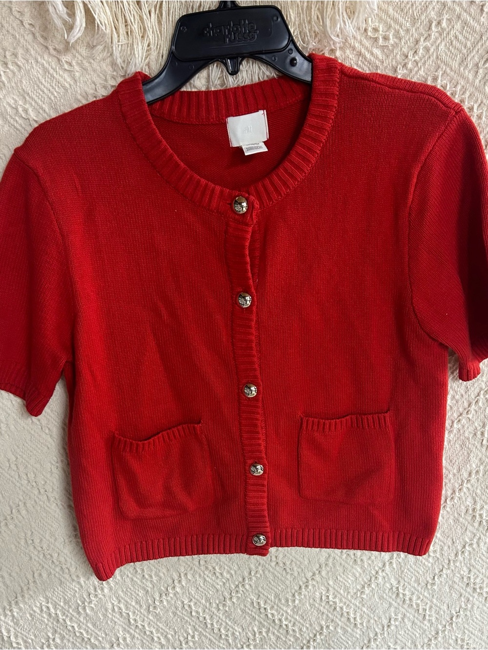 H&M Red Short Sleeve Button-Up Cardigan